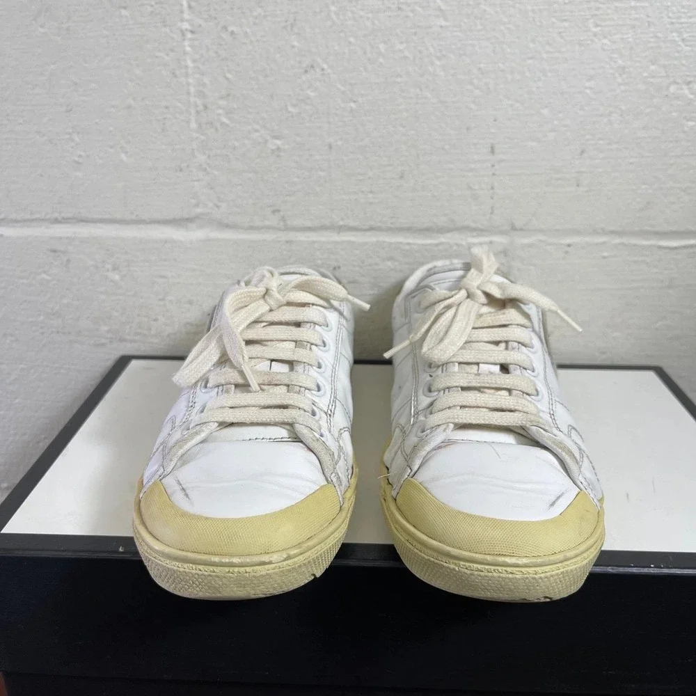 Saint‎ Laurent Court Classic Diamond White Leather Leopard Womens 37.5 EU/7.5 US